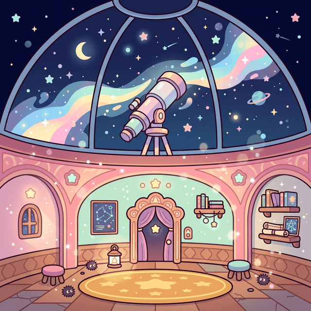 Inside the Observatory — a cozy dome room with a telescope, bookshelves, and a starry sky above